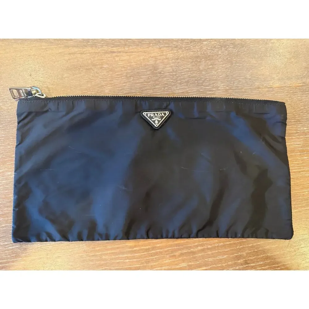 Prada Black Woven Zip Top Bag clutch Pouch Handbag Silver Hardward 12.5 x 6.25